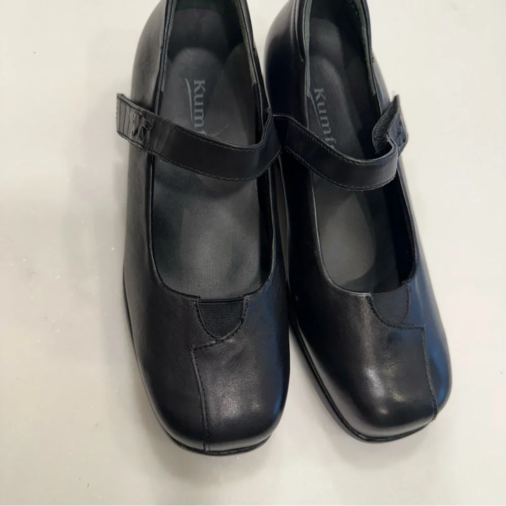 Kumfs Shoes Sz US 8 XXW EU 38.5 Black Leather Mary Jane Strap Low Wedge NEW!